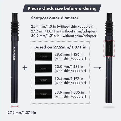 Beefed Up Suspension Seatpost For Bike With 40mm Travel And Adjustable Rebound, size chart with shim adapter details, black.