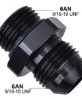 Heavy Duty Hella Badass Slick Black 6AN Flare To AN6 ORB Male Fuel Line Adapter Fitting Made Of 6061 Aluminum Rated 1500 PSI For Track And Street Race Mods close-up view with sizes 6AN and 9/16-18 UNF visible.