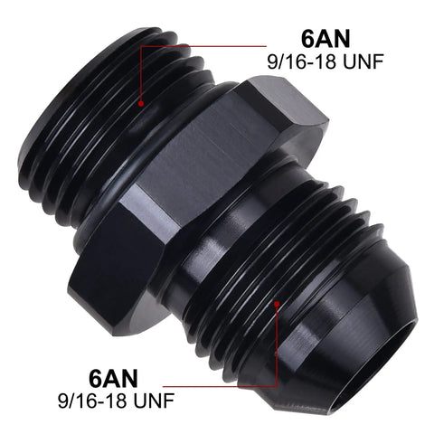 Heavy Duty Hella Badass Slick Black 6AN Flare To AN6 ORB Male Fuel Line Adapter Fitting Made Of 6061 Aluminum Rated 1500 PSI For Track And Street Race Mods close-up view with sizes 6AN and 9/16-18 UNF visible.