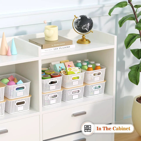 Stackable Plastic Storage Baskets with Bamboo Lids 6 Pack for Easy Organization on Shelves Drawers Desks Closets Playrooms