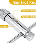 Close-up of Two Pack Ratchet T Handle Tap Wrenches with chrome finish, showing control knob and labels for rotation and locking.