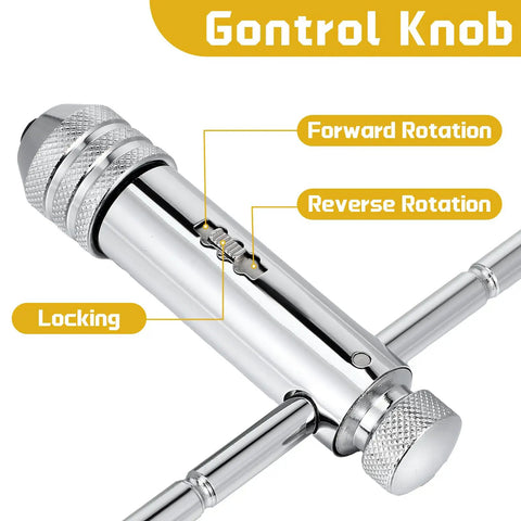 Close-up of Two Pack Ratchet T Handle Tap Wrenches with chrome finish, showing control knob and labels for rotation and locking.