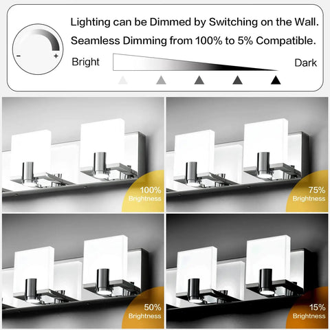 4 Light Sleek Modern Chrome LED Vanity Light Bar For Bathroom Wall Mount, showing dimming from 100% to 5% brightness