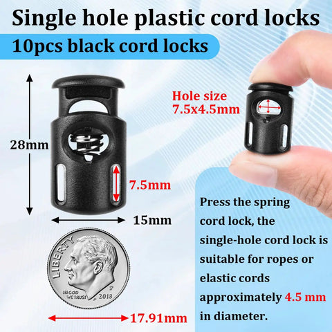 Ten Pack Paracord Cord Locks For Drawstrings Plastic Cord Lock Toggle Spring Stopper Clasp Easy Install Elastic Shoelace Tie Locks For Sweatpants Hoodies Shoes And Bungee Gear Ends Replacement Fits Up To 4.5 mm Rope, black 28mm