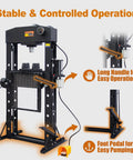 Heavy Duty 50 Ton H Frame Hydraulic Shop Press With Solid Steel Build And Floor Plates Designed For Garage Work And Auto Repair Jobs Built Tough To Handle Daily Grind Without Compromise with foot pedal and long handle for easy operation.