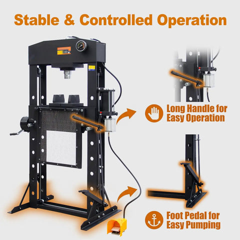 Heavy Duty 50 Ton H Frame Hydraulic Shop Press With Solid Steel Build And Floor Plates Designed For Garage Work And Auto Repair Jobs Built Tough To Handle Daily Grind Without Compromise with foot pedal and long handle for easy operation.