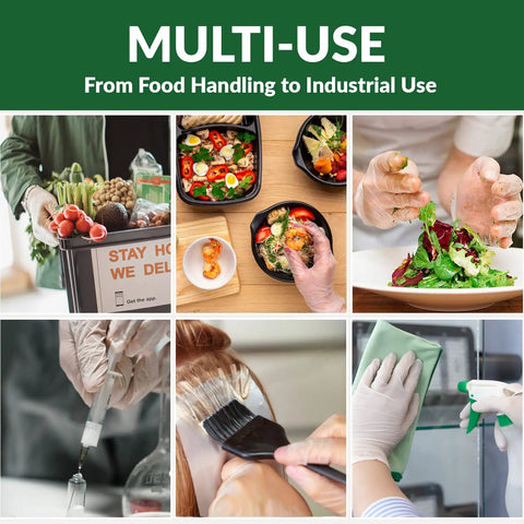 Badass Heavy Duty Disposable Vinyl Gloves, Latex Free Powder Free, Dang Comfortable Fit, Food Safe Bpa Free, X Large, Bulk Pack One Thousand, shown in multi-use for food handling and industrial tasks.