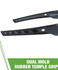 Close-up of Crossfire Cumulus Premium Safety Eyewear with aluminum gray frame and dual mold rubber temple grips.