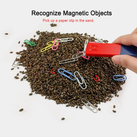 Ultimate Kid Friendly Magnet Kit For Physics And Science Experiments At School Or Home featuring hand using bar magnet on paper clips