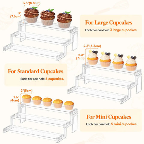 Diagram showing Clear 12 Inch Three Tier Cupcake Stand Display Riser Organizer with cupcakes on each tier for size comparison.