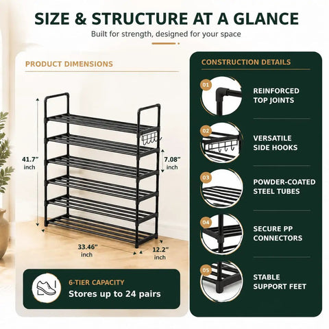 Solid Six Tier Metal Shoe Rack Adjustable Stackable Boot And Sneaker Storage Shelf With Hooks Hallway Flex Closet Refresh No Drama Easy Setup Black Frame Entryway Organizer