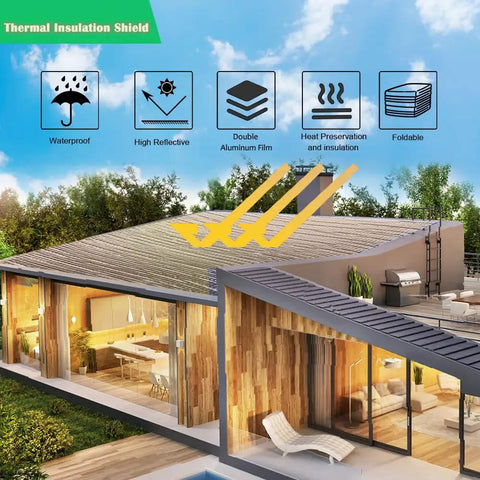 Heavy Duty Double Reflective Insulation Roll 48 By 10 Feet Radiant Barrier Attic Window Heat Shield B2 installation view on a modern house rooftop.