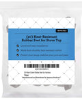 Front view of 20 Pack Heat Resistant Rubber Feet for Stove Grates, sealed packaging with usage details, stabilizers for Viking Range Models DVGSU101 and VGRT560 6GQ.