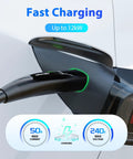 Heavy Duty Nacs Extension Cord For Tesla Models 50 Amp 40 Foot 240 Volt Level Two Electric Vehicle Charger Cable connected to EV.
