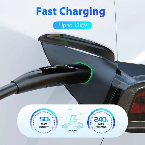 Heavy Duty Nacs Extension Cord For Tesla Models 50 Amp 40 Foot 240 Volt Level Two Electric Vehicle Charger Cable connected to EV.