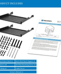 Components of 12U Open Frame Network Rack With 2x 14in Vented 1U Shelves and manual displayed.