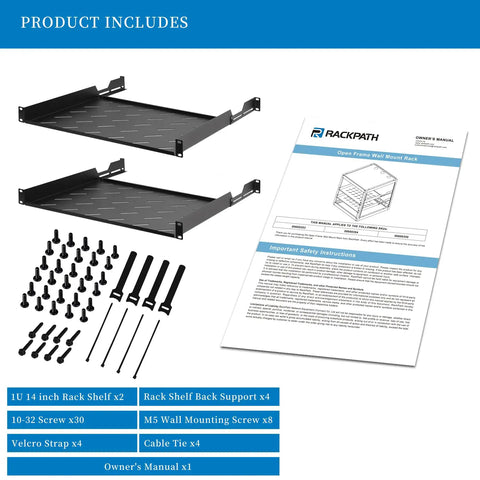 Components of 12U Open Frame Network Rack With 2x 14in Vented 1U Shelves and manual displayed.