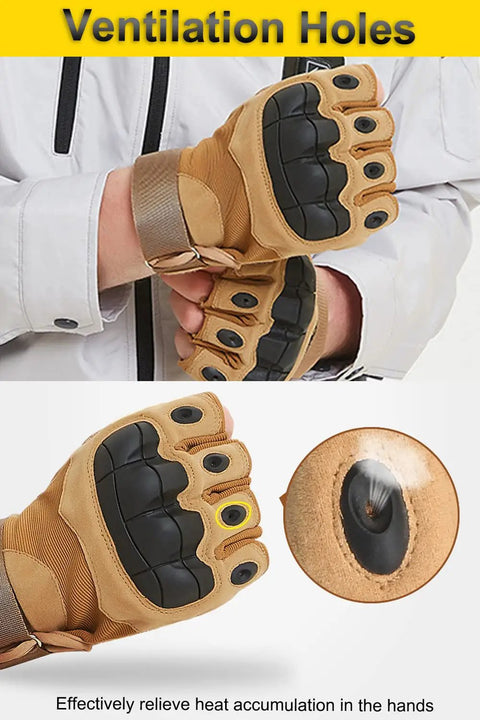 Rugged Tactical Fingerless Gloves For Men With Hard Knuckles And Reinforced Palm Built For Maximum Tactility And Durability shown with ventilation holes close-up.