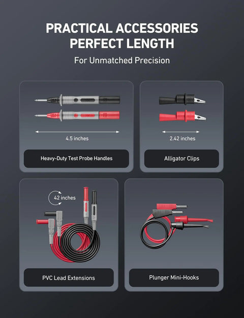 Image showing four components of the 8-Piece Multimeter Test Leads Kit With Alligator Clips, Plunger Mini Hooks And Test Probes, 1000V 10A CAT III And CAT IV 600V, Heavy Duty, Compatible With Fluke, KAIWEETS, INNOVA Multimeters, Voltmeter And Clamp Meters.