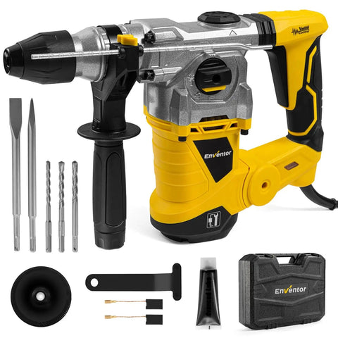 SDS Plus Rotary Hammer Drill 1500W Workhorse With 6 Joules Impact showing accessories including chisels and drill bits