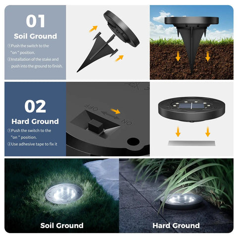 Installation steps for 14 Pack Solar In Ground Pathway Lights With 10 LED Bulbs Each, showing soil and hard ground methods.