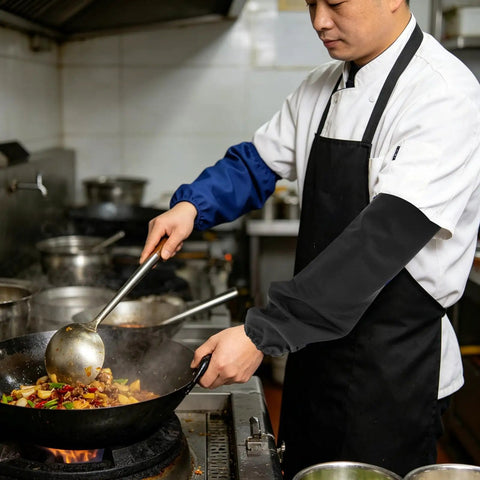 Chef wearing Heavy Duty Fireproof Welding Sleeves Heat Resistant Arm Guards while cooking in a busy kitchen.