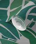 Top Shelf Tropical Leaf Wallpaper Exotic Plant Design Type II roll displaying durable matte linen texture in green tones.