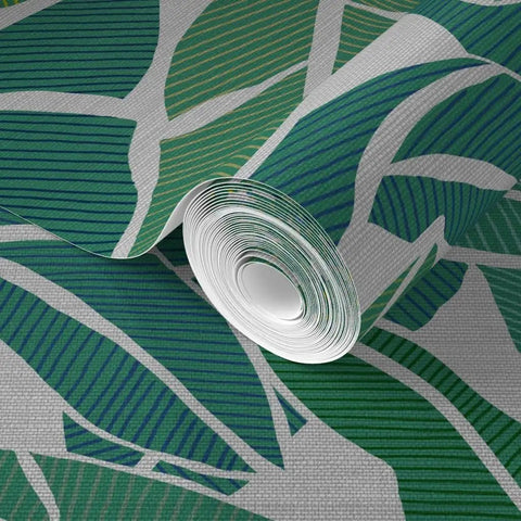 Top Shelf Tropical Leaf Wallpaper Exotic Plant Design Type II roll displaying durable matte linen texture in green tones.