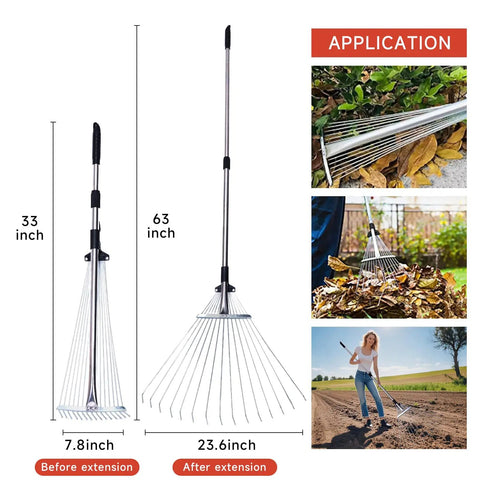 Adjustable Metal Garden Rake With Telescoping Handle 32 To 63 Inch Dethatching And Leaf Collection Tool for Lawns Yards And Patios
