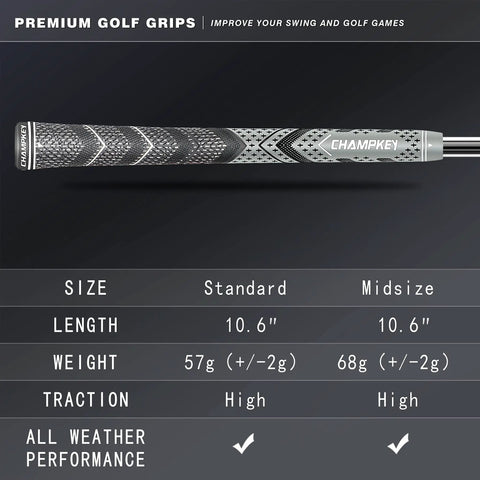 13 Pack Golf Grips With Solvent, 15 Tapes, Vise Clamp And Grip Knife, Plus Regripping Instructions For All Weather Control And High Feedback Golf Club Grips To Boost Your Grip Game And Swing Precision. Size chart for standard and midsize golf grips
