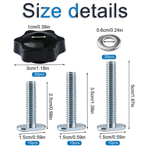 Size details for 30 Piece T Slot Bolt Kit with hex bolts, rubber nuts, washers, and T-track hardware