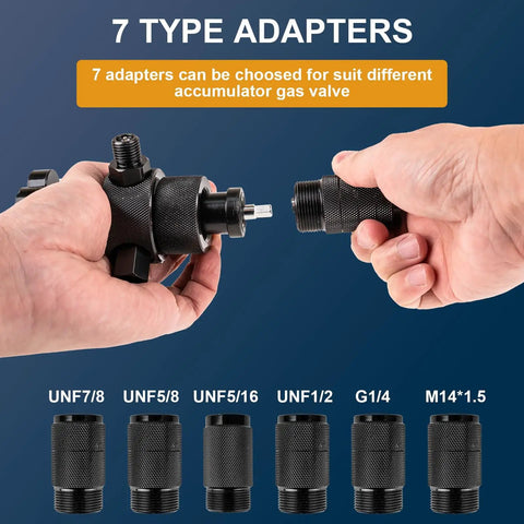Hydraulic Nitrogen Accumulator Charging Kit With Three Gauges Seven Transfer Adapters One Gas Hose Heavy Duty And Pressure Test System For 1500 PSI 4000 PSI And 6000 PSI Use