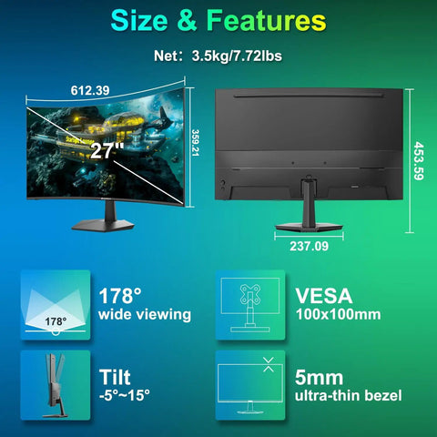 27 Inch Curved Monitor With Built In Speakers USB Type C 120Hz Refresh Rate 1ms MPRT FHD 1080p HDR VESA compatible, front and back view