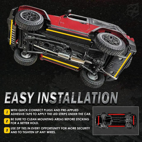 Easy installation of Dope Underglow LED Light Kit For Cars 4 Pieces RGB Neon Underside Lights with visual guide on vehicle.