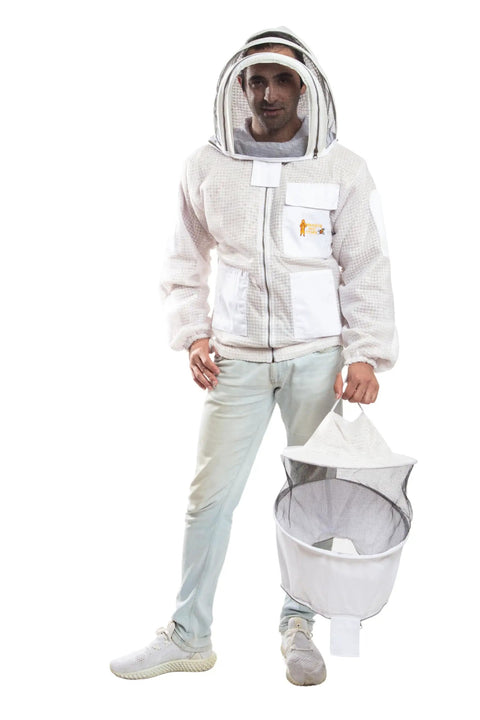 Beekeeping Fully Ventilated Jacket With Round Veil Unisex 2XL White Multi Color Heavy Duty Zippers Durable Double Stitched Pockets