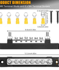 Badass 150A Negative Bus Bar Power Distribution Block For 12V Marine And Automotive Grounding Kits with dimensions and components shown.