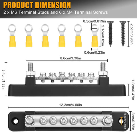 Badass 150A Negative Bus Bar Power Distribution Block For 12V Marine And Automotive Grounding Kits with dimensions and components shown.