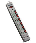 7 Outlet Surge Protector Power Strip With 6 Individually Controlled Switches, 6 Foot Cord, Lifetime Limited Warranty And $25,000 Insurance, Keep Your Gear Safe For PC, Laptop, Printer, Router, TV And Other Home Office Gear, gray plastic