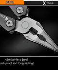 Close-up of 420 stainless steel pliers from Everyday Carry 15 In 1 EDC Multitool Pliers With Spring Assisted Pliers And Safety Lock.
