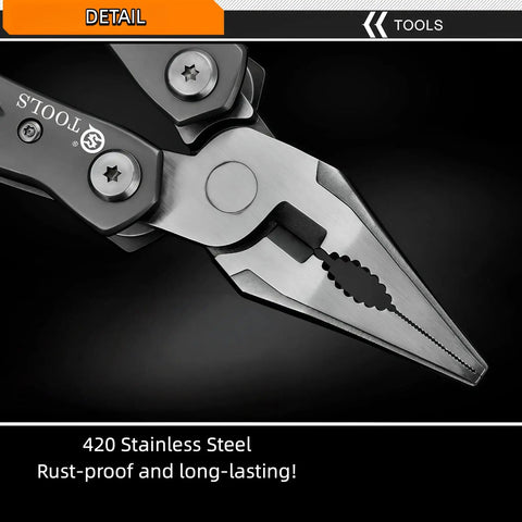 Close-up of 420 stainless steel pliers from Everyday Carry 15 In 1 EDC Multitool Pliers With Spring Assisted Pliers And Safety Lock.