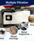 Heavy Duty Fleece Dust Bags 9 Pack Compatible With Milwaukee M12 And M18 Cordless Packout Shop Vac collects hair, wood shavings, metal fragments, and dust.