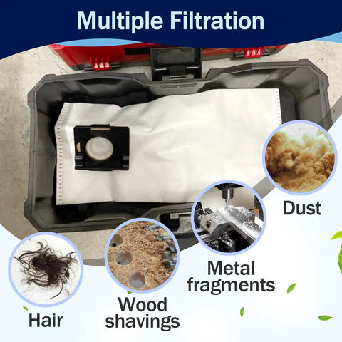 Heavy Duty Fleece Dust Bags 9 Pack Compatible With Milwaukee M12 And M18 Cordless Packout Shop Vac collects hair, wood shavings, metal fragments, and dust.