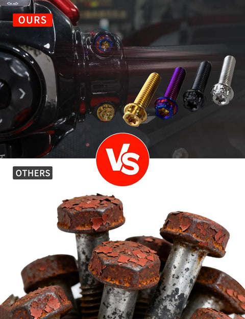 Top Shelf Titanium Handlebar Clamp Bolts And Brake Clutch Perch Screws For Heavy Duty Motorcycles, comparison of premium vs rusty bolts.