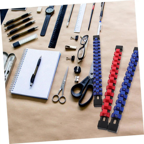 Slick 6 Piece Socket Organizer Tray With Fast Match Labels And Chunky Base For Rock Solid Stability Heavy Duty Abs Build on desk with tools.