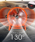 No Frills Heavy Duty Industrial Drum Fan 14 Inch Orange with oscillating head features 130° airflow direction.