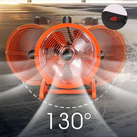 No Frills Heavy Duty Industrial Drum Fan 14 Inch Orange with oscillating head features 130° airflow direction.