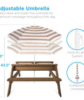 Kid Friendly Picnic Table With Umbrella And 3 In 1 Sand And Water Table For Toddlers showing adjustable striped umbrella.