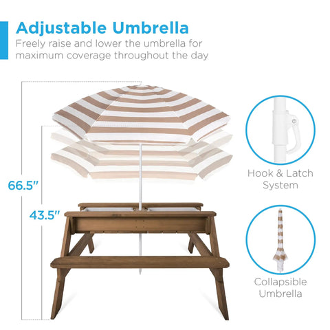 Kid Friendly Picnic Table With Umbrella And 3 In 1 Sand And Water Table For Toddlers showing adjustable striped umbrella.