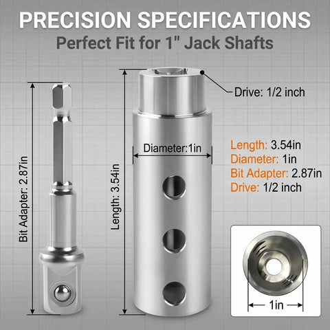 Heavy Duty 1 Inch Trailer Jack Drill Adapter Stainless Steel 1/2 Inch Socket Bit dimensions shown with precise measurements.