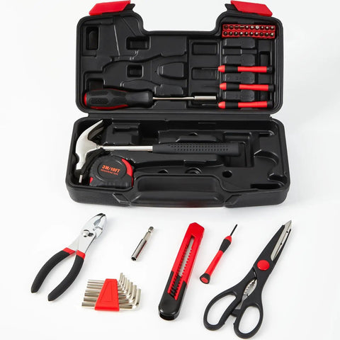 Versatile 39 Piece Tool Set For Home And DIY Needs With Red Storage Case Durable Steel Hand Tools For Home Garage Office Dorm And College Projects Handy For Everyday Repairs And Quick Fixes